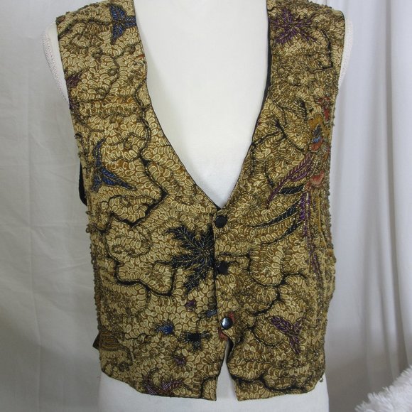 Paul Ropp Vintage Beaded Vest Gold and Black Bird Motif Size Medium Boho - Picture 1 of 11
